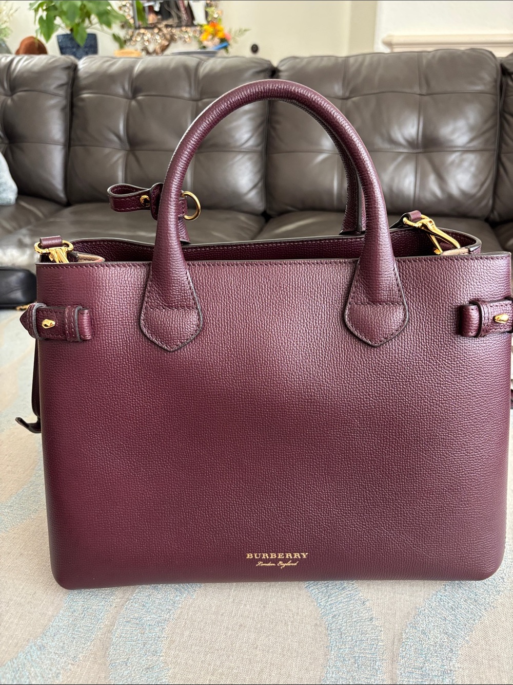 Burberry Wine/Burgundy Leather Satchel with Gold Hardware